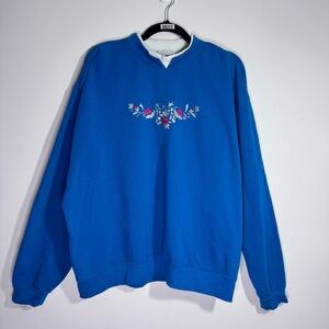 Anthony Richards Sweatshirt 2X Blue Floral Embroidered Fleece Crewneck Plus Size